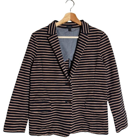 J. Crew Striped Cotton Sweatshirt Blazer Jacket Women's Medium Black Tan Preppy - Picture 1 of 15
